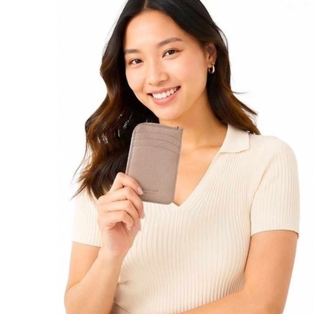 Kate Spade New York Pebbled Leather Zip Card‎ Holder Key Ring Taupe Mauve 11-11